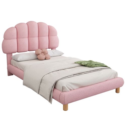 Lit Simple Rembourré Avec Sommier à Lattes En Bois, 90x200cm Lit D'enfan Avec Tête De Lit, Rose