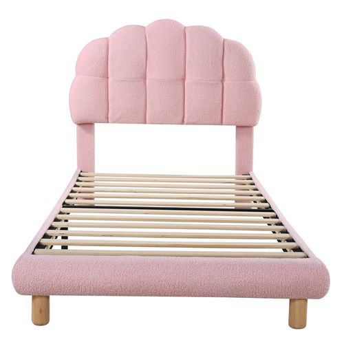 Lit Simple Rembourré Avec Sommier à Lattes En Bois, 90x200cm Lit D'enfan Avec Tête De Lit, Rose