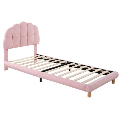 Lit Simple Rembourré Avec Sommier à Lattes En Bois, 90x200cm Lit D'enfan Avec Tête De Lit, Rose