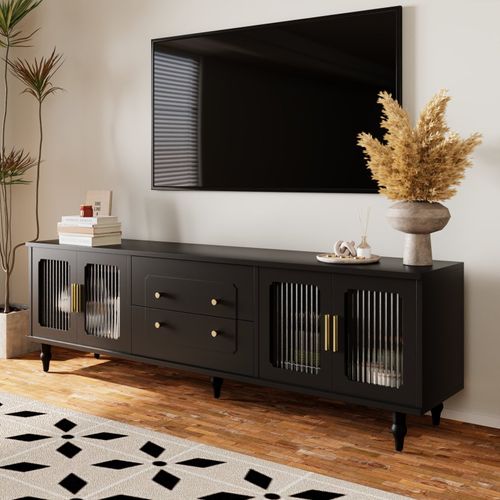 Meuble TV Bas Avec Portes En Verre Et 2 Tiroirs, Meuble De Pour Salon Chambre à Coucher, Noir
