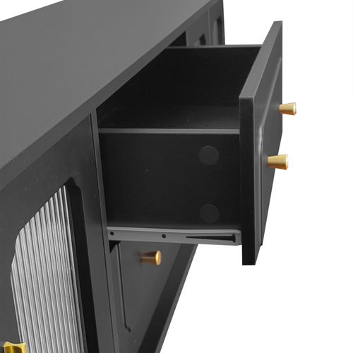 Meuble TV Bas Avec Portes En Verre Et 2 Tiroirs, Meuble De Pour Salon Chambre à Coucher, Noir