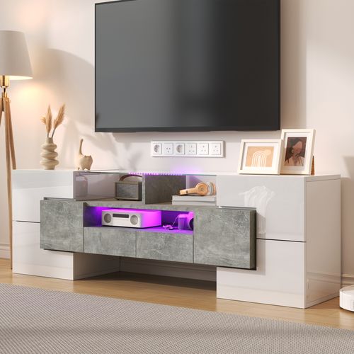 Meuble TV LED, Longueur Meuble Télé Haut Pour Salon, Avec Rangement, 150 X30x50 Cm, Blanc Et Gris