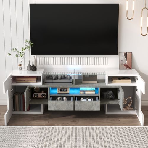 Meuble TV LED, Longueur Meuble Télé Haut Pour Salon, Avec Rangement, 150 X30x50 Cm, Blanc Et Gris