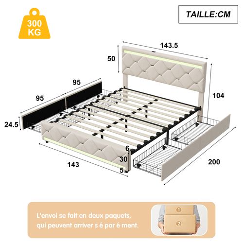 Lit 140x190 Avec Sommier LED Et USB, Lit Double Rembourré Avec 4 Tiroirs Rangement, Blanc Cassé