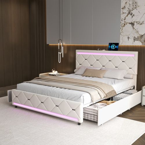 Lit 140x190 Avec Sommier LED Et USB, Lit Double Rembourré Avec 4 Tiroirs Rangement, Blanc Cassé