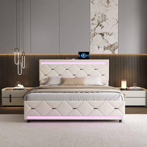 Lit 140x190 Avec Sommier LED Et USB, Lit Double Rembourré Avec 4 Tiroirs Rangement, Blanc Cassé