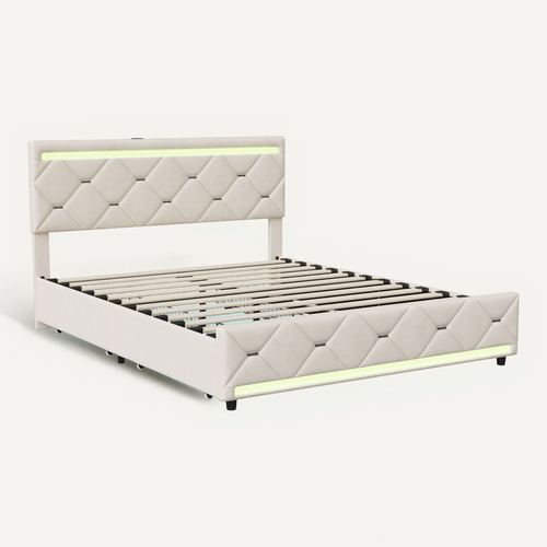 Lit 140x190 Avec Sommier LED Et USB, Lit Double Rembourré Avec 4 Tiroirs Rangement, Blanc Cassé