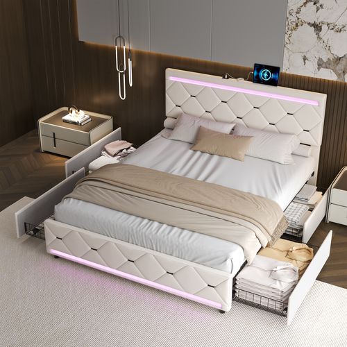 Lit 140x190 Avec Sommier LED Et USB, Lit Double Rembourré Avec 4 Tiroirs Rangement, Blanc Cassé