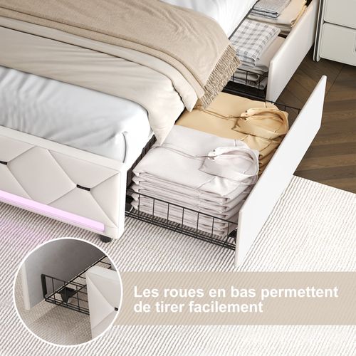Lit 140x190 Avec Sommier LED Et USB, Lit Double Rembourré Avec 4 Tiroirs Rangement, Blanc Cassé