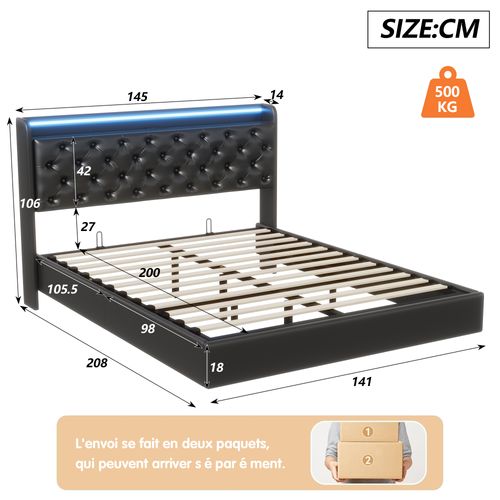 Lit Coffre 140x200 Cm Avec LED Et Port USB, Lits 2 Personnes Avec Sommier à Lattes, Pu, Noir