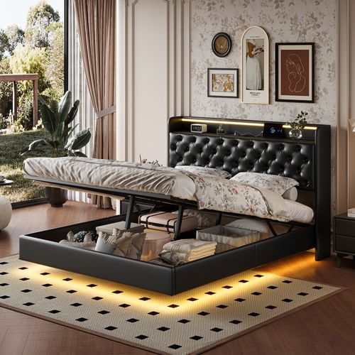 Lit Coffre 140x200 Cm Avec LED Et Port USB, Lits 2 Personnes Avec Sommier à Lattes, Pu, Noir