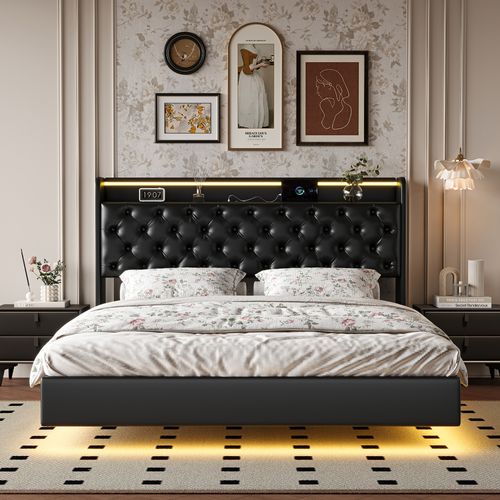 Lit Coffre 140x200 Cm Avec LED Et Port USB, Lits 2 Personnes Avec Sommier à Lattes, Pu, Noir