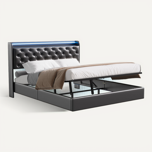 Lit Coffre 140x200 Cm Avec LED Et Port USB, Lits 2 Personnes Avec Sommier à Lattes, Pu, Noir