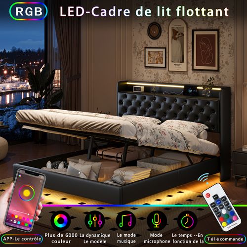 Lit Coffre 140x200 Cm Avec LED Et Port USB, Lits 2 Personnes Avec Sommier à Lattes, Pu, Noir