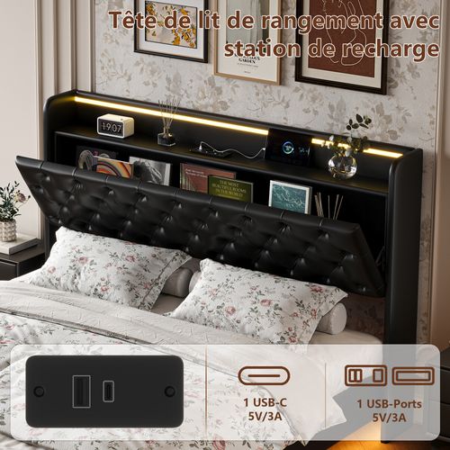 Lit Coffre 140x200 Cm Avec LED Et Port USB, Lits 2 Personnes Avec Sommier à Lattes, Pu, Noir