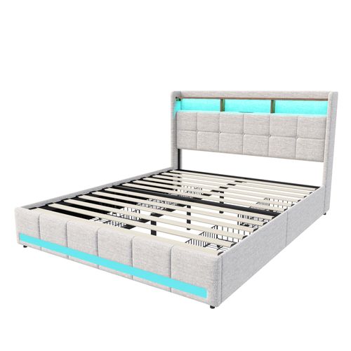 Lit Double 140x190 Flottant Avec LEDs Et Rangements - Design Moderne, Tête De Lit Escamotable, Ports USB/Type-C - Blanc PU - 8
