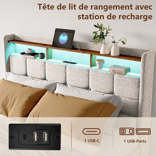 Lit Double 140x190 Avec Rangement Et LED RGB - Tiroirs Et Coffre à Gaz - Ports USB - Tête De Lit Rembourrée - Noir - 9