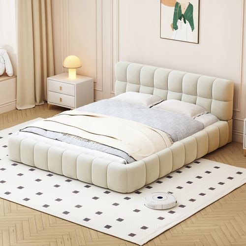Lit Double Rembourré, à Bulles, 140 X 190 Cm, Avec Sommier à Lattes Et Dossier Souple,  Lin, Beige