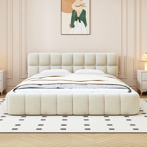 Lit Double Rembourré, à Bulles, 140 X 190 Cm, Avec Sommier à Lattes Et Dossier Souple,  Lin, Beige