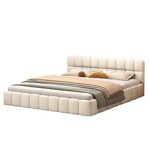 Lit Double Rembourré, à Bulles, 140 X 190 Cm, Avec Sommier à Lattes Et Dossier Souple,  Lin, Beige
