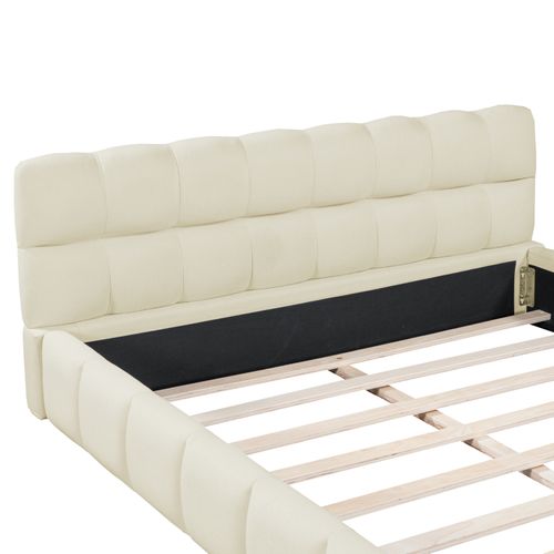Lit Double Rembourré, à Bulles, 140 X 190 Cm, Avec Sommier à Lattes Et Dossier Souple,  Lin, Beige