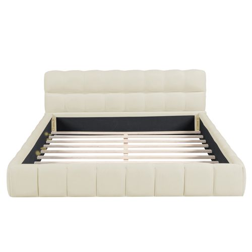 Lit Double Rembourré, à Bulles, 140 X 190 Cm, Avec Sommier à Lattes Et Dossier Souple,  Lin, Beige