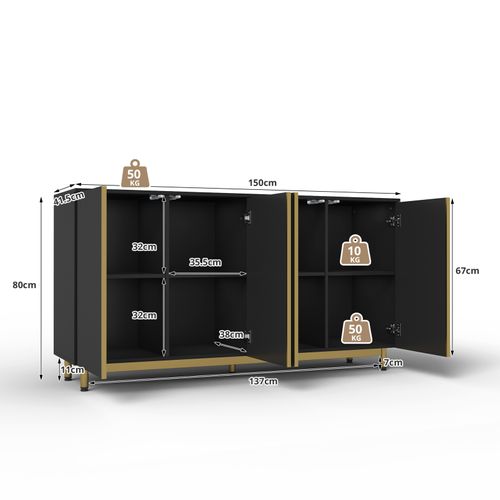 Buffet 150 Cm, Armoire Buffet Avec Portes Cannelées Ondulées, Pieds Métalliques Réglables, Noir