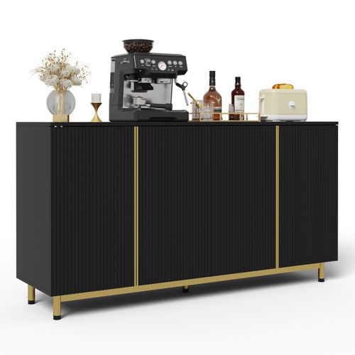 Buffet 150 Cm, Armoire Buffet Avec Portes Cannelées Ondulées, Pieds Métalliques Réglables, Noir