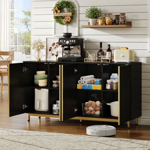 Buffet 150 Cm, Armoire Buffet Avec Portes Cannelées Ondulées, Pieds Métalliques Réglables, Noir