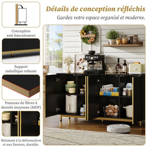 Buffet 150 Cm, Armoire Buffet Avec Portes Cannelées Ondulées, Pieds Métalliques Réglables, Noir
