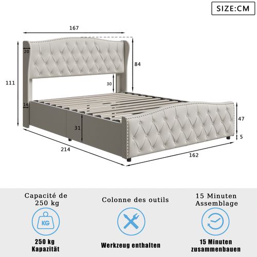 Lit Capitonné 160 X 200 Cm, Avec Espace De Rangement, Sommier à Lattes, Velours, Beige