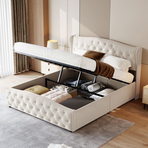 Lit Capitonné 160 X 200 Cm, Avec Espace De Rangement, Sommier à Lattes, Velours, Beige