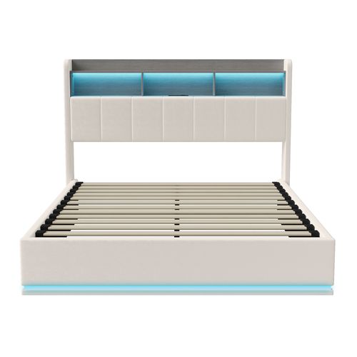 Lit Coffre 160x200 Lit Double Rembourré, Avec LED Et USB, Sommier à Lattes, Velours, Blanc
