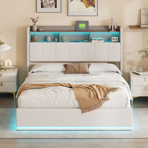 Lit Coffre 160x200 Lit Double Rembourré, Avec LED Et USB, Sommier à Lattes, Velours, Blanc
