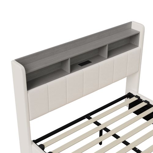 Lit Coffre 160x200 Lit Double Rembourré, Avec LED Et USB, Sommier à Lattes, Velours, Blanc