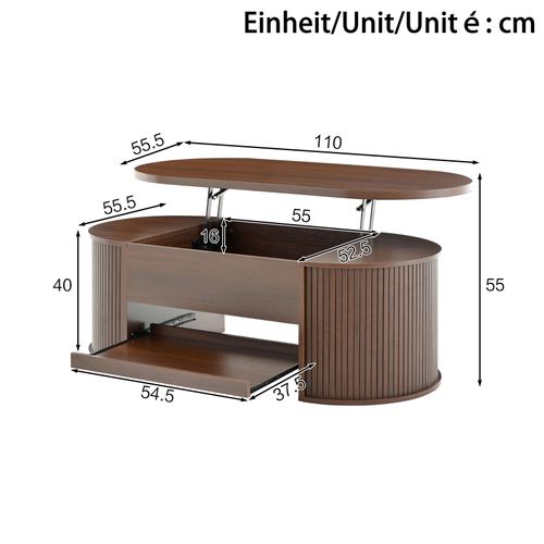 Table Basse De Salon Avec Plateau Réglable En Hauteur Et Espace De Rangement Caché, Noyer