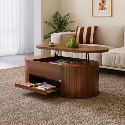 Table Basse De Salon Avec Plateau Réglable En Hauteur Et Espace De Rangement Caché, Noyer