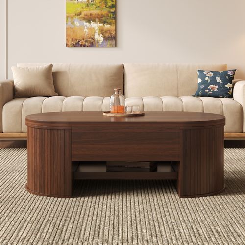 Table Basse De Salon Avec Plateau Réglable En Hauteur Et Espace De Rangement Caché, Noyer