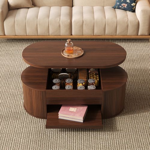 Table Basse De Salon Avec Plateau Réglable En Hauteur Et Espace De Rangement Caché, Noyer