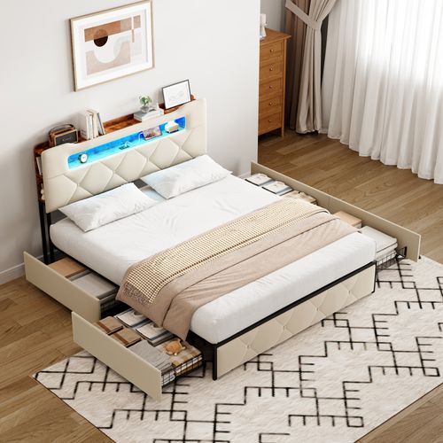 Lit Double 140x200 Avec Sommier LED Et USB - Bois (chêne Blanc) Avec 2 Tiroirs Et 2 Tables De Chevet - Cadre De Lit Moderne Avec Tête De Lit - Sans Matelas