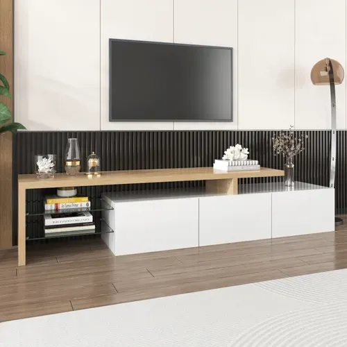 Meuble TV Moderne Blanc Laqué Et Bois – LED, Étagères En Verre, Avec Rangement, 197 X 39 X 42 Cm