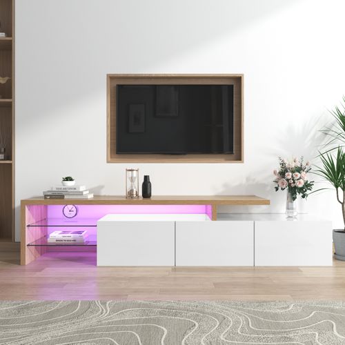 Meuble TV Moderne Blanc Laqué Et Bois – LED, Étagères En Verre, Avec Rangement, 197 X 39 X 42 Cm