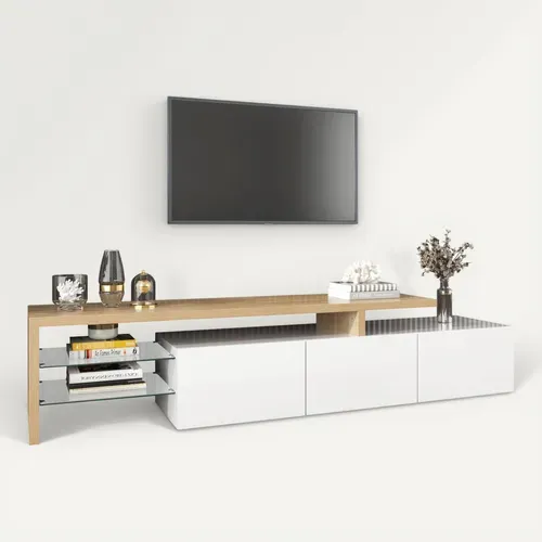Meuble TV Moderne Blanc Laqué Et Bois – LED, Étagères En Verre, Avec Rangement, 197 X 39 X 42 Cm