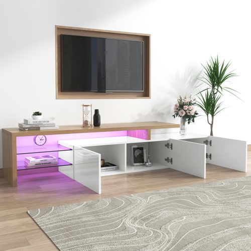Meuble TV Moderne Blanc Laqué Et Bois – LED, Étagères En Verre, Avec Rangement, 197 X 39 X 42 Cm