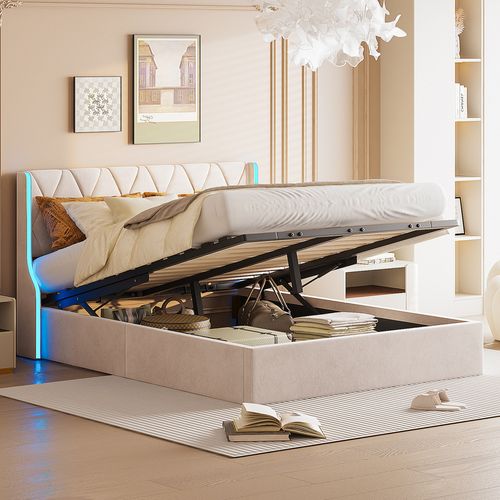 Lit Coffre 160x200cm Avec Tête De Lit Style Chesterfield - Velours Beige, Sommier Lattes Et Rangement Hydraulique | Sans Matelas - 8
