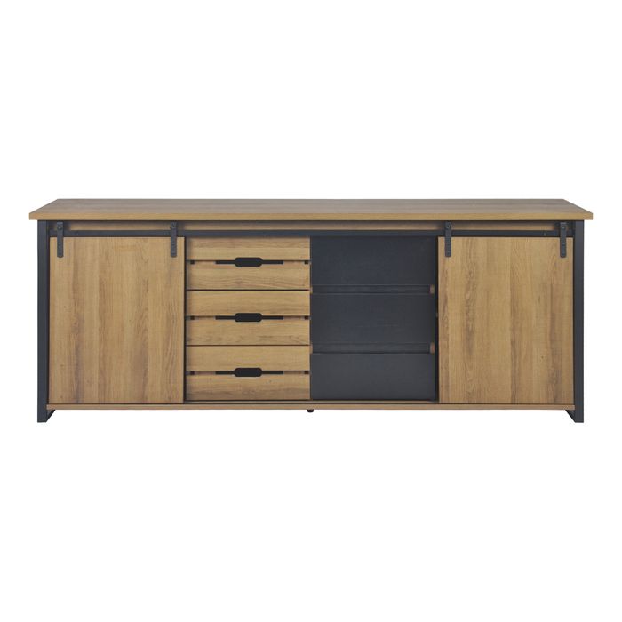 Buffet 2 portes 6 tiroirs CAISSE imitation chêne et noir