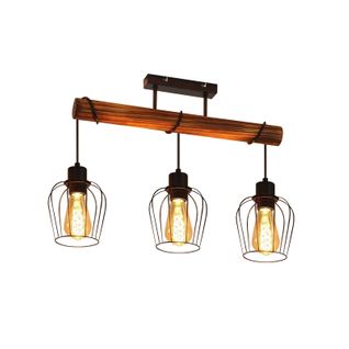 Plafonnier Rétro Vintage 3 Flammes Bois Réglables Hauteur Métal Noir E27