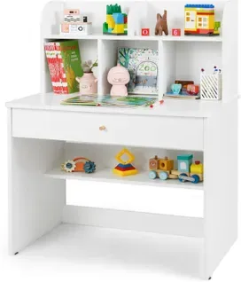 Bureau Enfant En Bois Avec 5 Compartiments Et Tiroir,table Enfant ,charge 90kg, 3 Ans+ (blanc)
