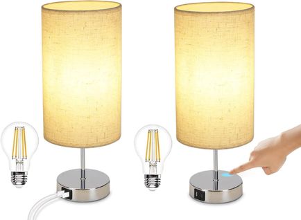 Lampe De Table Tactile Argenté Avec Fonction De Recharge USB Et Abat-jour En Tissu