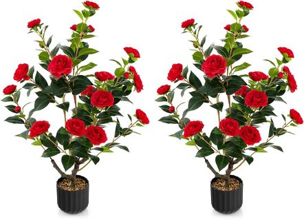 Plante Artificielle à Fausses Fleurs, Fausse Plante Camélia Artificiel Dans Un Pot Remplies(rouge)